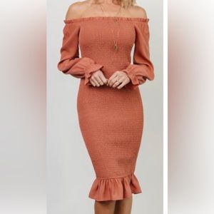 Off the shoulder smocked midi dress in dark salmon